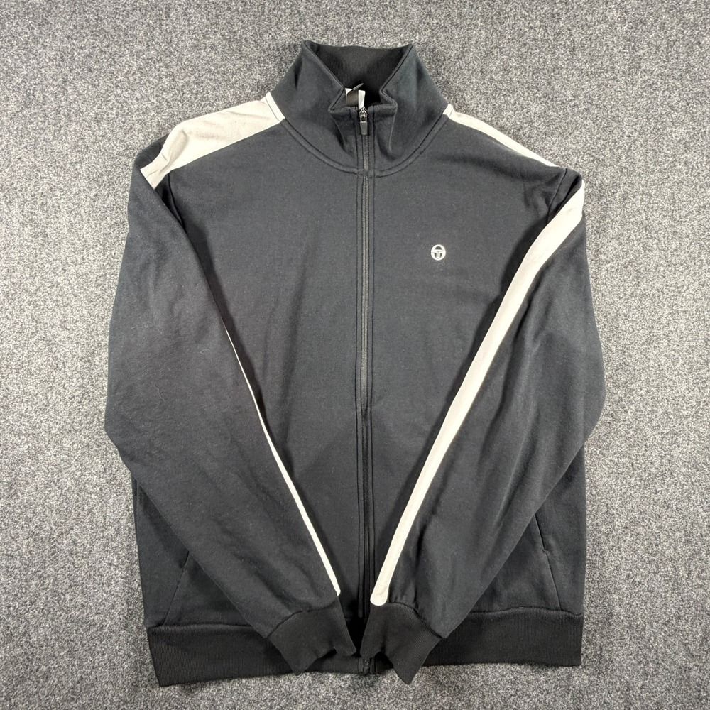 Sergio Tacchini Mens XXL Black White Stripe Full Zip Mock Neck Track Jacket